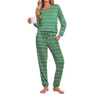 imageEkouaer Womens Pajamas Set Long Sleeve Christmas PJ Sets Soft Lounge Set for Women Sleepwear Joggers with PocketsGreen Christmas