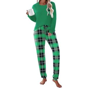 imageEkouaer Womens Pajamas Set Long Sleeve Christmas PJ Sets Soft Lounge Set for Women Sleepwear Joggers with PocketsLight Green Plaid