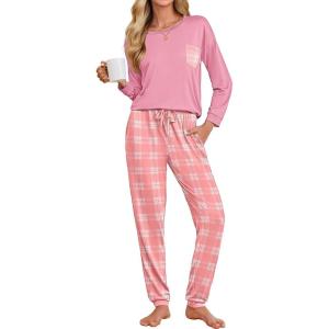 imageEkouaer Womens Pajamas Set Long Sleeve Christmas PJ Sets Soft Lounge Set for Women Sleepwear Joggers with PocketsLight Pink Plaid