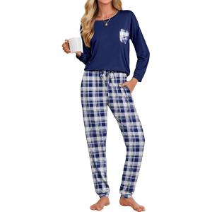 imageEkouaer Womens Pajamas Set Long Sleeve Christmas PJ Sets Soft Lounge Set for Women Sleepwear Joggers with PocketsNavy Blue Plaid