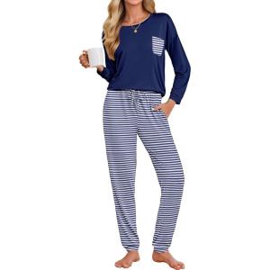 imageEkouaer Womens Pajamas Set Long Sleeve Christmas PJ Sets Soft Lounge Set for Women Sleepwear Joggers with PocketsNavy Blue Striped