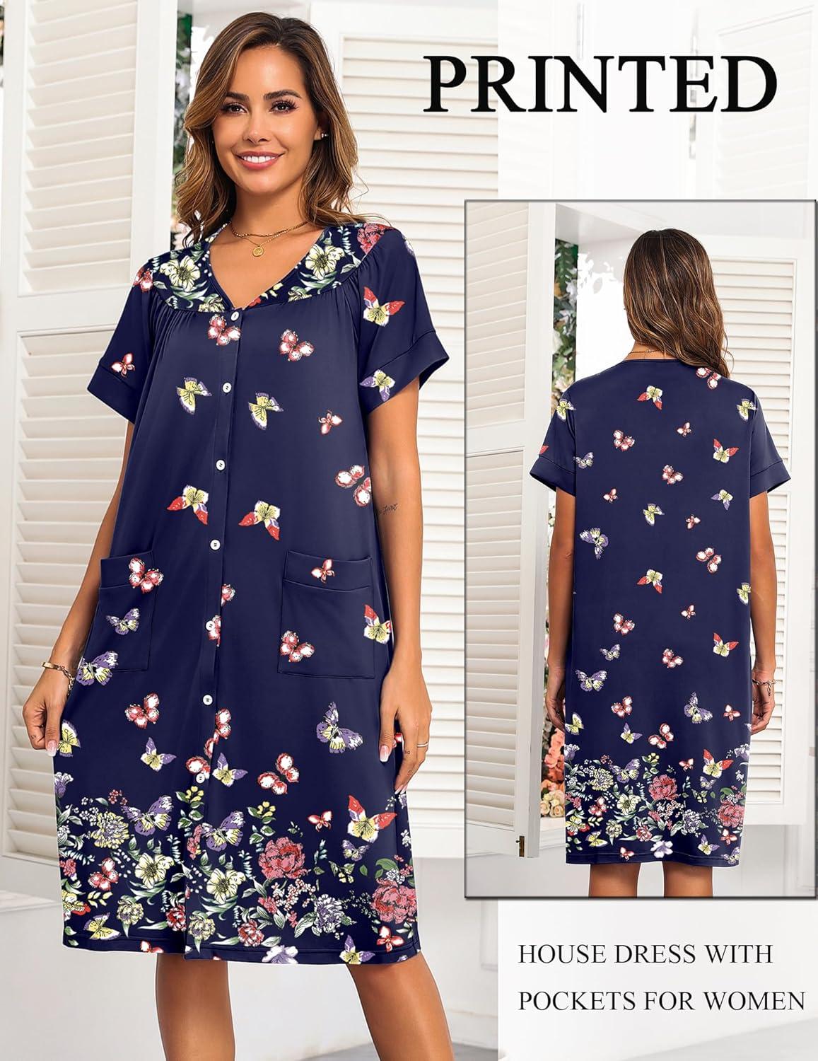 imageEkouaer House Dresses for Women with Pockets Button Down Nightgowns Plus Size Moo Moos Mumu Dresses Floral Print S3XLColorful Butterflies