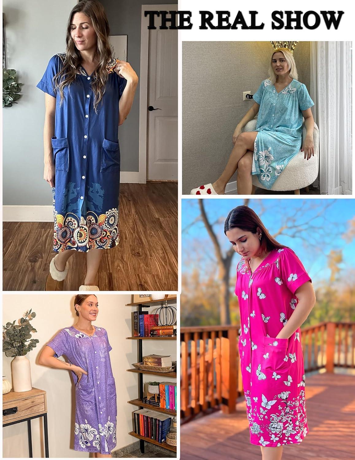 imageEkouaer House Dresses for Women with Pockets Button Down Nightgowns Plus Size Moo Moos Mumu Dresses Floral Print S3XLColorful Butterflies