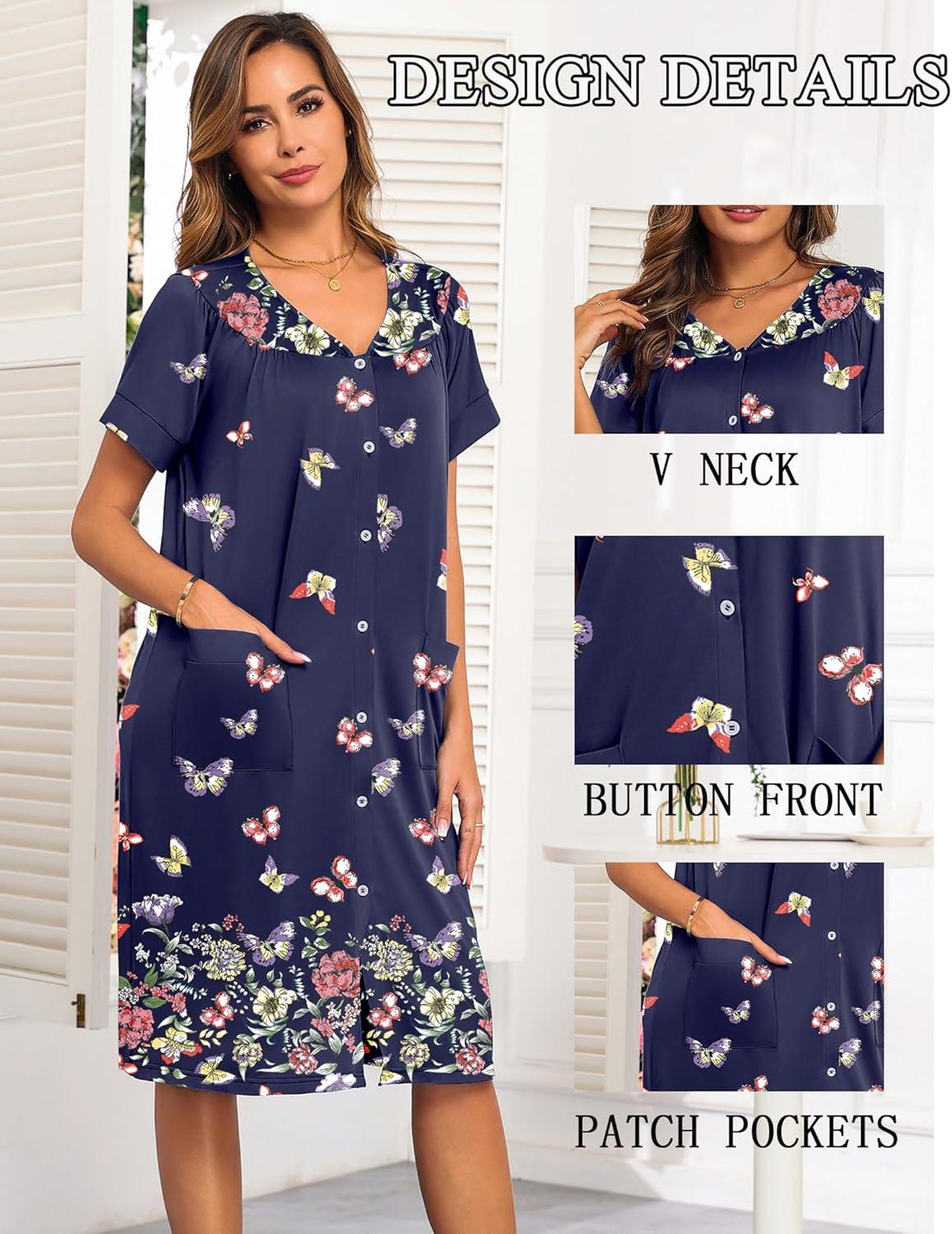 imageEkouaer House Dresses for Women with Pockets Button Down Nightgowns Plus Size Moo Moos Mumu Dresses Floral Print S3XLColorful Butterflies