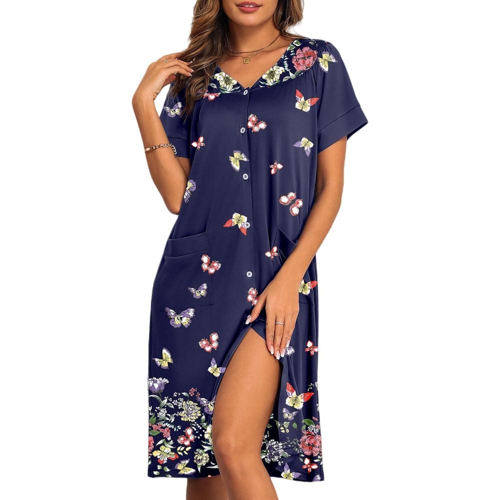 imageEkouaer House Dresses for Women with Pockets Button Down Nightgowns Plus Size Moo Moos Mumu Dresses Floral Print S3XLColorful Butterflies