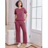 imageEkouaer Lounge Set for Women 2 Piece Sets Outfits Top and Long Pants Ribbed Textured Knit Matching Pajamas with PocketsRose Red