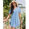 imageEkouaer Nightgowns for Women Cotton Night Gowns Pleated Nightshirts Henley V Neck Sleepshirts Short Sleeve SleepwearLight Blue