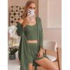 imageEkouaer Pajamas for Women Set 3 Piece Lounge Set Soft Pajama Sets Waffle Knit Tank Top and Shorts Cardigan with Pockets SXXLArmy Green