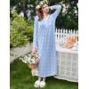 imageEkouaer Womens Long Sleeve Nightgown Full Length Sleepwear Long Sleepshirts Henley Sleep Dress S4XLBlue Leaves