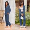 imageEkouaer Womens Pajama Sets Long Sleeve Button Down 2 Piece Pjs Soft Lounge Sets Notch Collar SleepwearNavy
