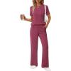 imageEkouaer Lounge Set for Women 2 Piece Sets Outfits Top and Long Pants Ribbed Textured Knit Matching Pajamas with PocketsRose Red
