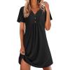 imageEkouaer Nightgowns for Women Cotton Night Gowns Pleated Nightshirts Henley V Neck Sleepshirts Short Sleeve SleepwearBlack