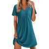imageEkouaer Nightgowns for Women Cotton Night Gowns Pleated Nightshirts Henley V Neck Sleepshirts Short Sleeve SleepwearBlue Green