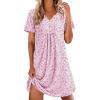 imageEkouaer Nightgowns for Women Cotton Night Gowns Pleated Nightshirts Henley V Neck Sleepshirts Short Sleeve SleepwearWhite Pink Florals