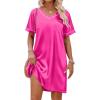 imageEkouaer Satin Silk Nightgown for Women Silky Loose Sleepwear V Neck Nightshirt Short Sleeve Sleep DressRose Red
