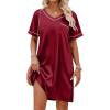imageEkouaer Satin Silk Nightgown for Women Silky Loose Sleepwear V Neck Nightshirt Short Sleeve Sleep DressWine Red