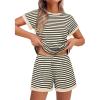 imageEkouaer Waffle Knit Lounge Set Women Stripe Pajama Sets Short Sleeve Pj Tops and Shorts Matching loungewear with PocketsBeige Striped