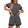 imageEkouaer Waffle Knit Lounge Set Women Stripe Pajama Sets Short Sleeve Pj Tops and Shorts Matching loungewear with PocketsBlack Striped