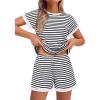 imageEkouaer Waffle Knit Lounge Set Women Stripe Pajama Sets Short Sleeve Pj Tops and Shorts Matching loungewear with PocketsWhite Striped