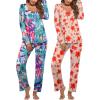 imageEkouaer Womens 2 Pack Pajama Set Long Sleeve Pajamas Top and Pants V Neck Pjs Set Soft Sleepwear LoungewearRed Flowers  Tiedye Flowers