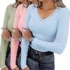 imageEkouaer Womens 3 Pack Long Sleeve Shirts V Neck Ribbed Slim Fit Basic Tops Thermal Undershirts Casual Tee XSXXLLight BluePinkLight Green