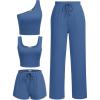 imageEkouaer Womens 4 Piece Lounge Sets Ribbed Knit Crop Tank Top and Shorts Pants Casual OutfitsBlue Gray