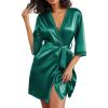 imageEkouaer Womens Satin Robes 34 Sleeve Silk Robes Short Kimono Sexy Bride Bathrobes Lace Trim Loungewear with PocketsDark Green