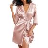 imageEkouaer Womens Satin Robes 34 Sleeve Silk Robes Short Kimono Sexy Bride Bathrobes Lace Trim Loungewear with PocketsPink