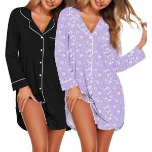 imageEkouaer 2 Pack Nightgowns for Women Long Sleeve Night Shirt Button Down Sleep Shirt VNeck Sleep Dress Pajama SleepwearBlackPurple Flowers