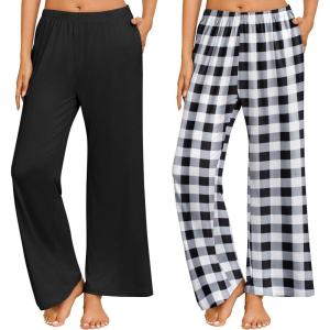 imageEkouaer 2 Pack Women Pajama Pants Soft Casual Pajama Bottoms Comfy Wide Leg Sleep Pants Pj Bottoms with PocketsBlackblack White Plaid