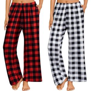 imageEkouaer 2 Pack Women Pajama Pants Soft Casual Pajama Bottoms Comfy Wide Leg Sleep Pants Pj Bottoms with PocketsRed Black Plaidblack White Plaid