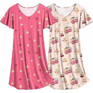 imageEkouaer 2 Pack Womens Nightgown Short Sleeve Nightshirts Comfy Soft Pajama Sleep DressApricot Cherry Teddypink Cherry