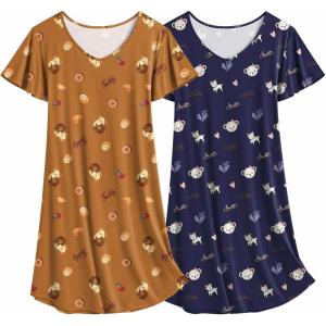 imageEkouaer 2 Pack Womens Nightgown Short Sleeve Nightshirts Comfy Soft Pajama Sleep DressNavy Teddy Bearteddy Bear Dessert