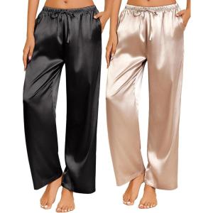 imageEkouaer 2 Pack Womens Satin Pajama Pants Silk Sleep Lounge Pants Loose Pj Bottom with PocketsBlack and Champagne