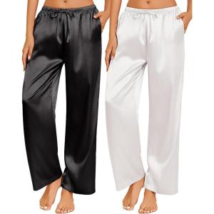 imageEkouaer 2 Pack Womens Satin Pajama Pants Silk Sleep Lounge Pants Loose Pj Bottom with PocketsBlack and White
