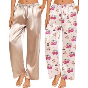 imageEkouaer 2 Pack Womens Satin Pajama Pants Silk Sleep Lounge Pants Loose Pj Bottom with PocketsChampagne and Cherry Teddy