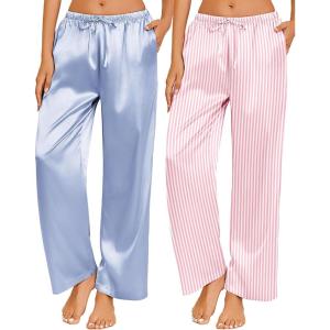 imageEkouaer 2 Pack Womens Satin Pajama Pants Silk Sleep Lounge Pants Loose Pj Bottom with PocketsLight Blue and Pink Stripe