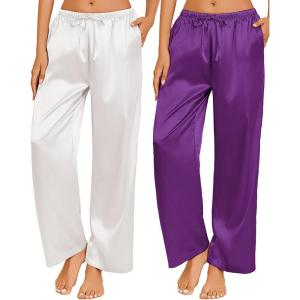 imageEkouaer 2 Pack Womens Satin Pajama Pants Silk Sleep Lounge Pants Loose Pj Bottom with PocketsPurple and Black