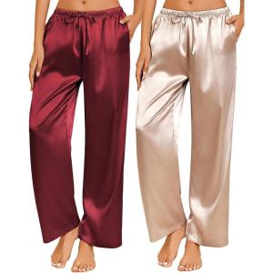 imageEkouaer 2 Pack Womens Satin Pajama Pants Silk Sleep Lounge Pants Loose Pj Bottom with PocketsWine and Champagne