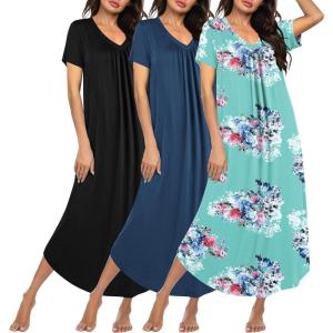 imageEkouaer 3 Pack Long Nightgowns for Women Plus Size House Dress Short Sleeve Night Gown V Neck Casual Nightshirt M4XLBlackBlueBlue Floral