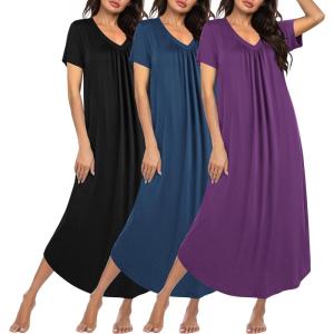 imageEkouaer 3 Pack Long Nightgowns for Women Plus Size House Dress Short Sleeve Night Gown V Neck Casual Nightshirt M4XLBlackBluePurple