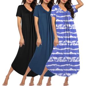 imageEkouaer 3 Pack Long Nightgowns for Women Plus Size House Dress Short Sleeve Night Gown V Neck Casual Nightshirt M4XLBlackBlueWhite Blue Striped