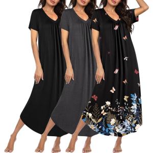 imageEkouaer 3 Pack Long Nightgowns for Women Plus Size House Dress Short Sleeve Night Gown V Neck Casual Nightshirt M4XLBlackGreyBlack Butterfly