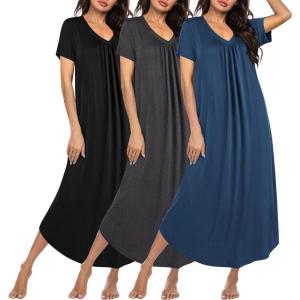 imageEkouaer 3 Pack Long Nightgowns for Women Plus Size House Dress Short Sleeve Night Gown V Neck Casual Nightshirt M4XLBlackGreyBlue