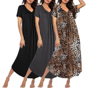 imageEkouaer 3 Pack Long Nightgowns for Women Plus Size House Dress Short Sleeve Night Gown V Neck Casual Nightshirt M4XLBlackGreyLeopard