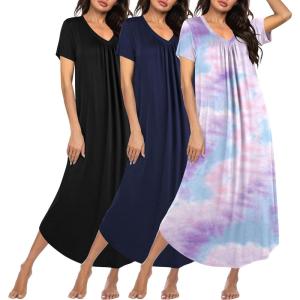 imageEkouaer 3 Pack Long Nightgowns for Women Plus Size House Dress Short Sleeve Night Gown V Neck Casual Nightshirt M4XLBlackNavy BlueTie Dye
