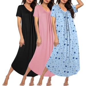 imageEkouaer 3 Pack Long Nightgowns for Women Plus Size House Dress Short Sleeve Night Gown V Neck Casual Nightshirt M4XLBlackPinkBlue Star
