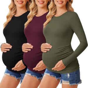 imageEkouaer 3 Packs Maternity Shirts Crew Neck Long Sleeve Pregnancy Tee Tops Tunic Blouse Casual Mama Clothes3pcs Black  Burgundy Red  Army Green