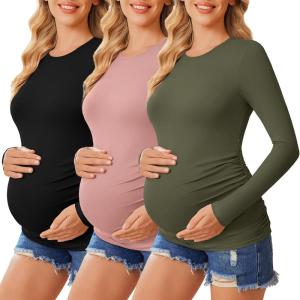 imageEkouaer 3 Packs Maternity Shirts Crew Neck Long Sleeve Pregnancy Tee Tops Tunic Blouse Casual Mama Clothes3pcs Black  Dirty Pink  Army Green