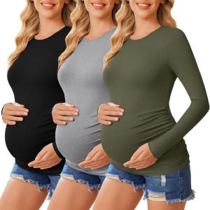 imageEkouaer 3 Packs Maternity Shirts Crew Neck Long Sleeve Pregnancy Tee Tops Tunic Blouse Casual Mama Clothes3pcs Black  Grey  Army Green